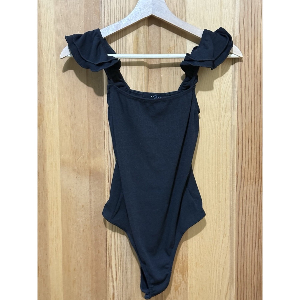 NWT 21 Saints Ruffled Bodysuit Black Ribbed Size Medium